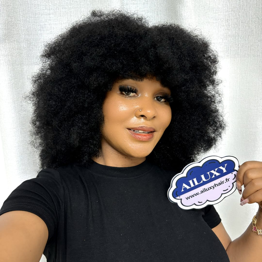 AILUXY Perruque Bob Avec Frange Afro Curly Sans Colle Boucles Crépues afro Authentiques