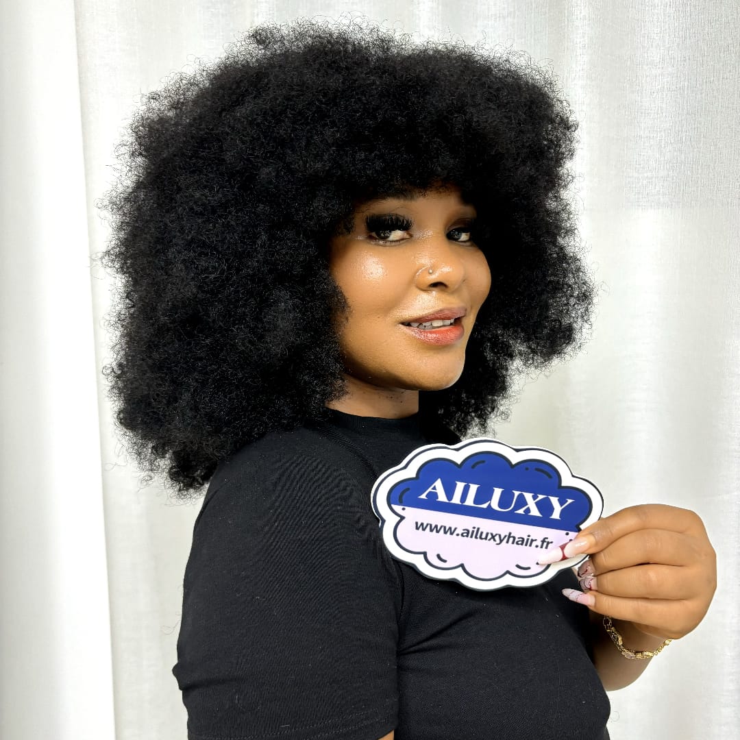 AILUXY Perruque Bob Avec Frange Afro Curly Sans Colle Boucles Crépues afro Authentiques