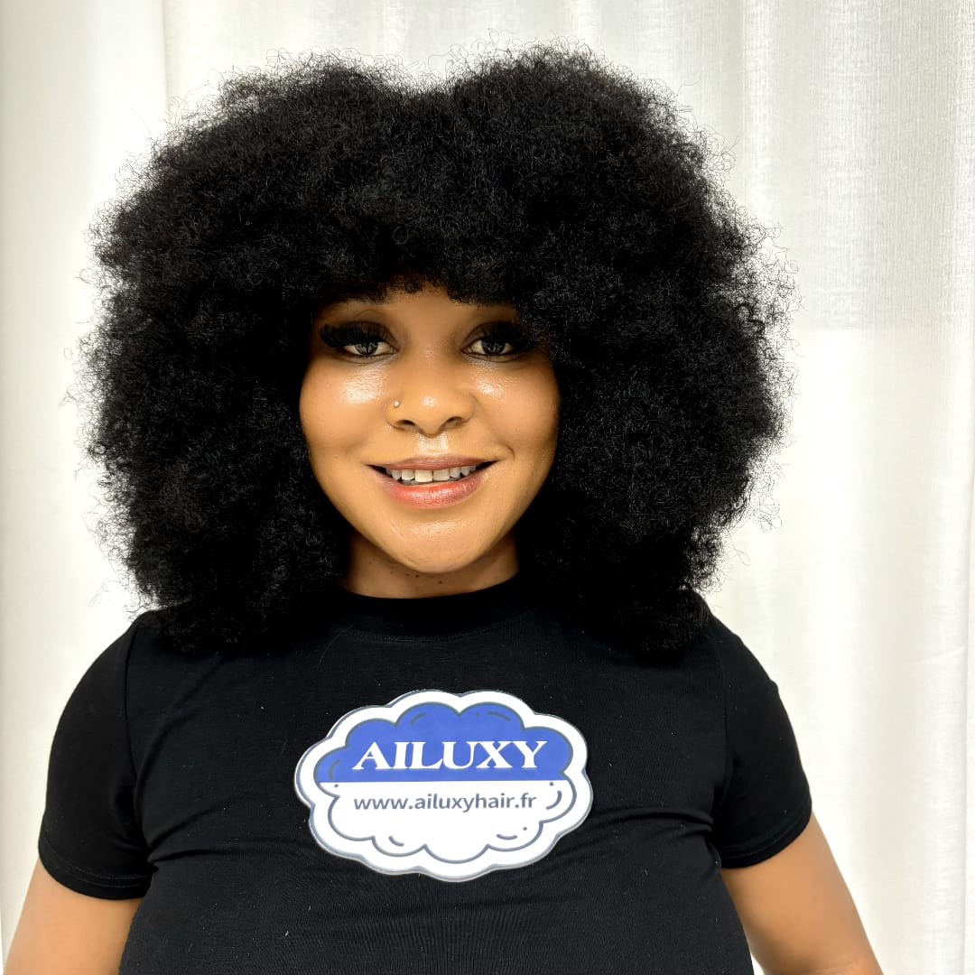 AILUXY Perruque Bob Avec Frange Afro Curly Sans Colle Boucles Crépues afro Authentiques