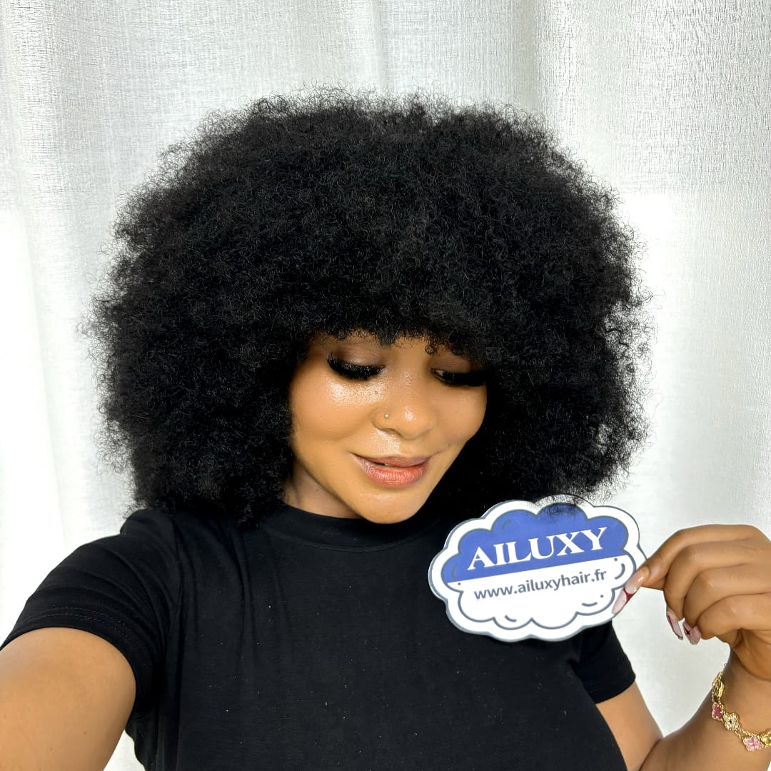 AILUXY Perruque Bob Avec Frange Afro Curly Sans Colle Boucles Crépues afro Authentiques