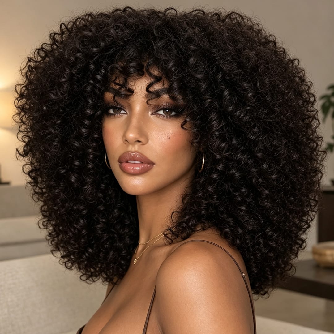 AILUXY Perruque Bob Curly Avec Frange Sans Colle 100% Cheveux Humains