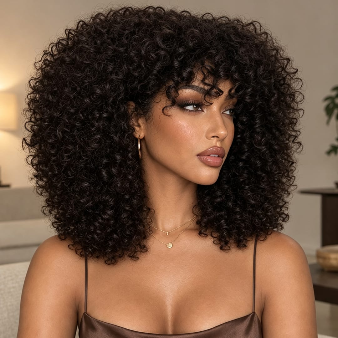 AILUXY Perruque Bob Curly Avec Frange Sans Colle 100% Cheveux Humains