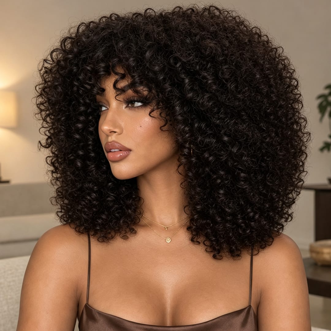 AILUXY Perruque Bob Curly Avec Frange Sans Colle 100% Cheveux Humains