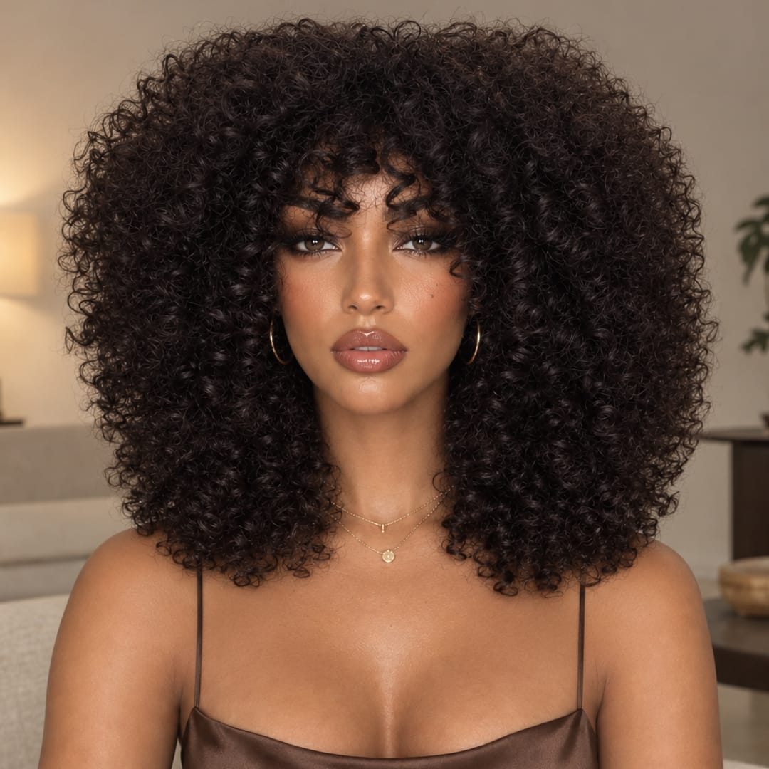 AILUXY Perruque Bob Curly Avec Frange Sans Colle 100% Cheveux Humains
