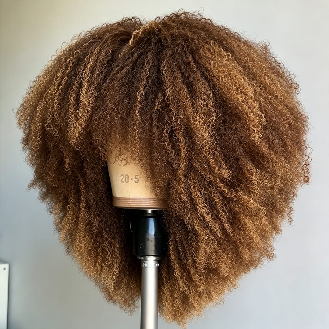 AILUXY Perruque Bouclée Kinky Curly Brun Balayage Caramel, Texture Naturelle Style Afro