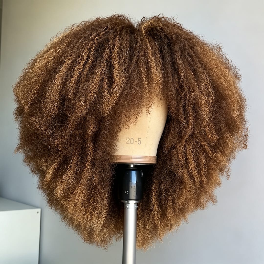 AILUXY Perruque Bouclée Kinky Curly Brun Balayage Caramel, Texture Naturelle Style Afro