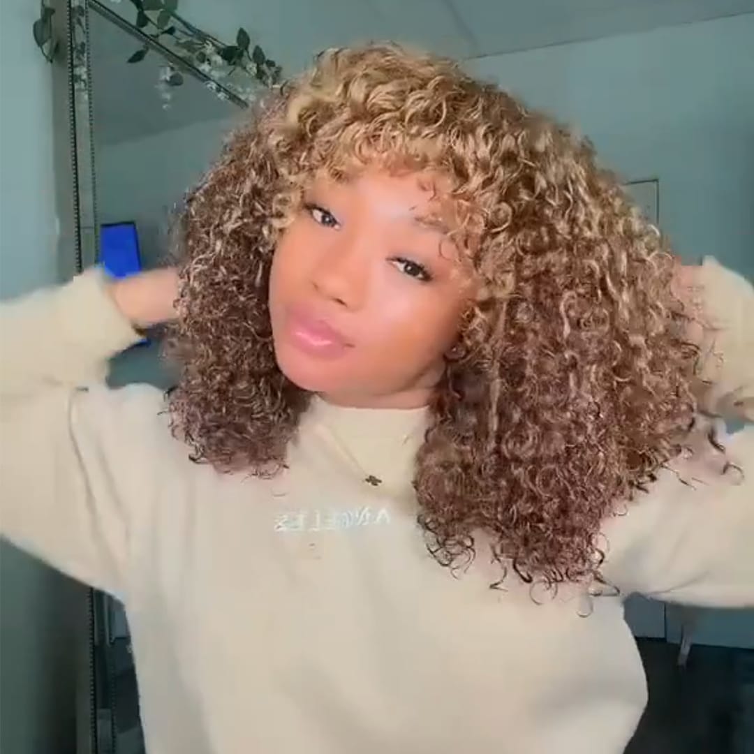 AILUXY Perruque Bouclée Machine-Made Ombré Miel - Entretien Facile, Cheveux Humains