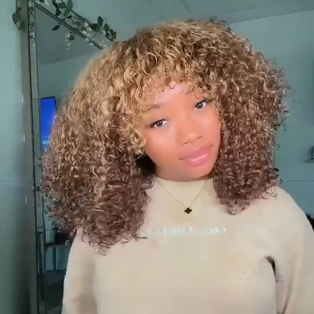AILUXY Perruque Bouclée Machine-Made Ombré Miel - Entretien Facile, Cheveux Humains
