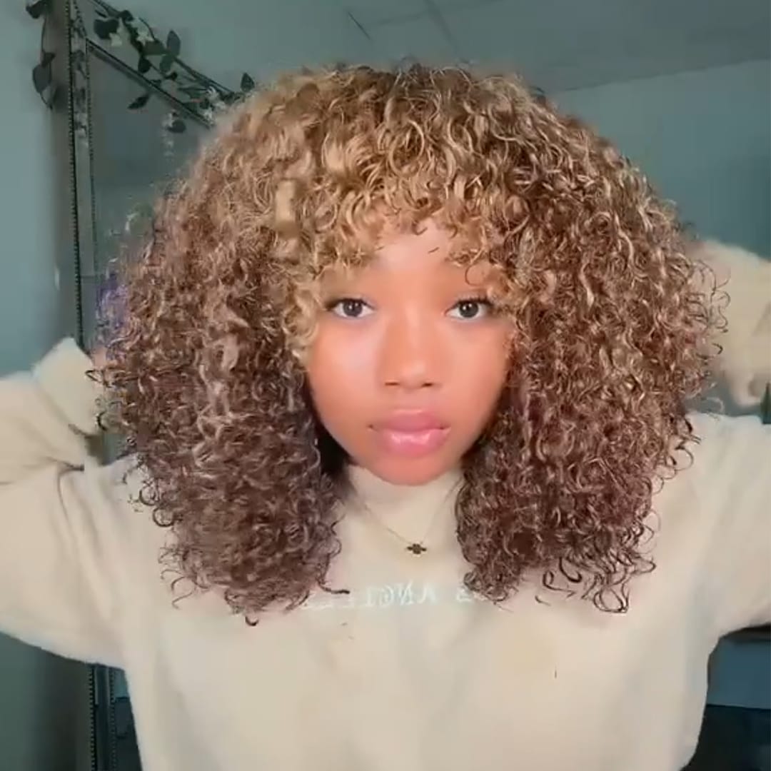 AILUXY Perruque Bouclée Machine-Made Ombré Miel - Entretien Facile, Cheveux Humains