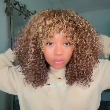 AILUXY Perruque Bouclée Machine-Made Ombré Miel - Entretien Facile, Cheveux Humains