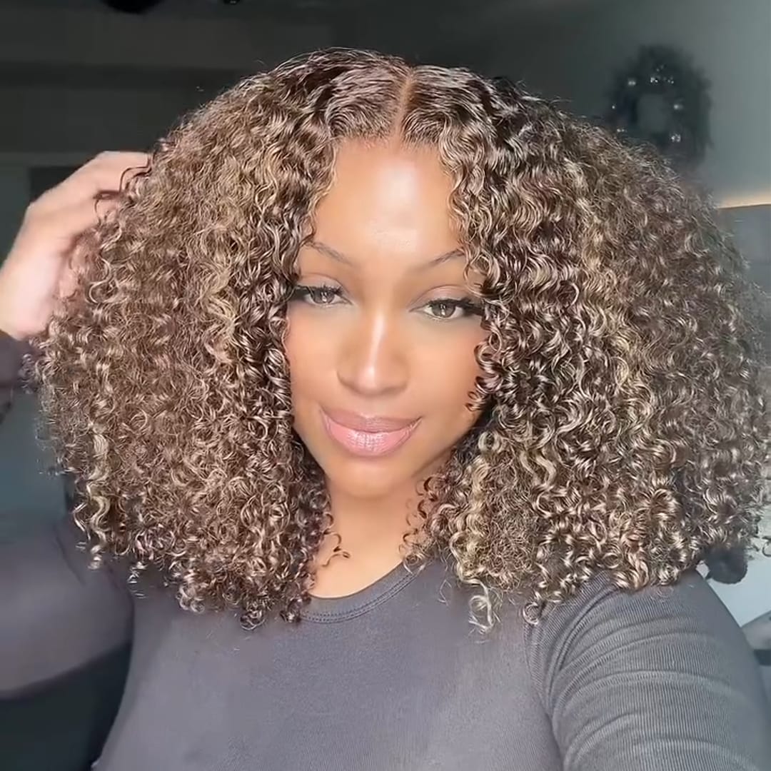 AILUXY Perruque Lace Front Cheveux Bouclés Courts Ombré Chocolat Curly - Naturelle et Respirante
