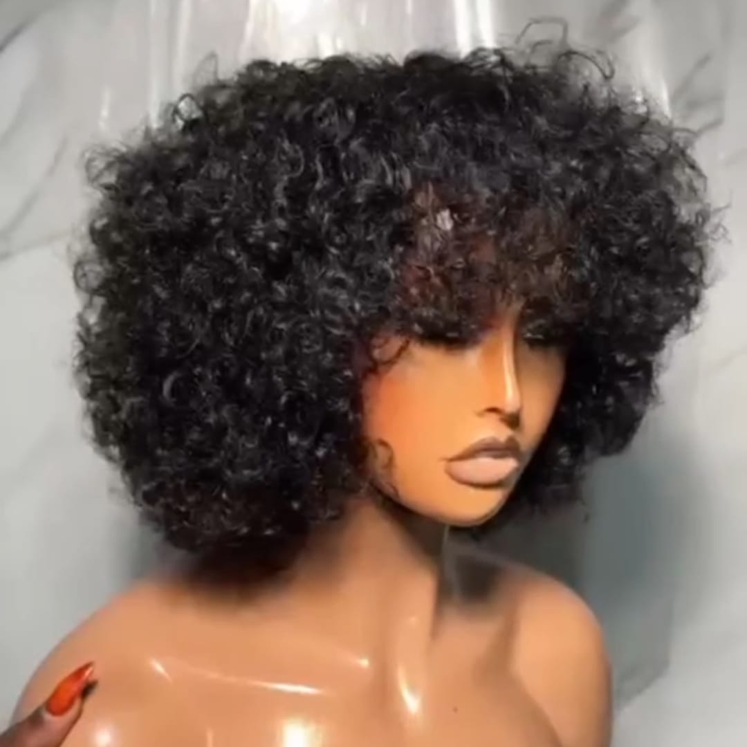 AILUXY Perruque Style Afro à Frange Cache-Front, Texture Crépue Aérée, Brillance Modérée, Coiffure Rétro Tendance pour Quotidien