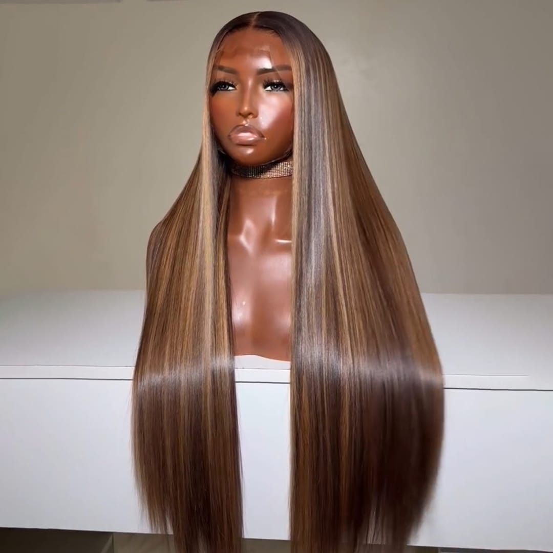 AILUXY Perruque Cheveux  Blond Miel Brondé Longue Raide Dentelle Frontale