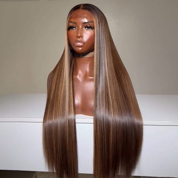 AILUXY Perruque Cheveux  Blond Miel Brondé Longue Raide Dentelle Frontale