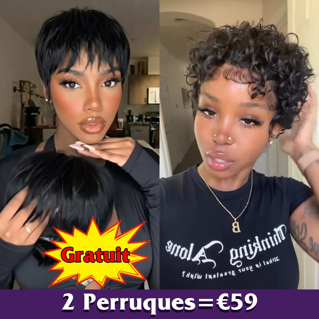 AILUXY 2 Perruques = €59 | Perruques Courtes Pixie + Bouclées Topper Cheveux pour Femme Noire, 100% Cheveux Humains Naturels,Gratuit