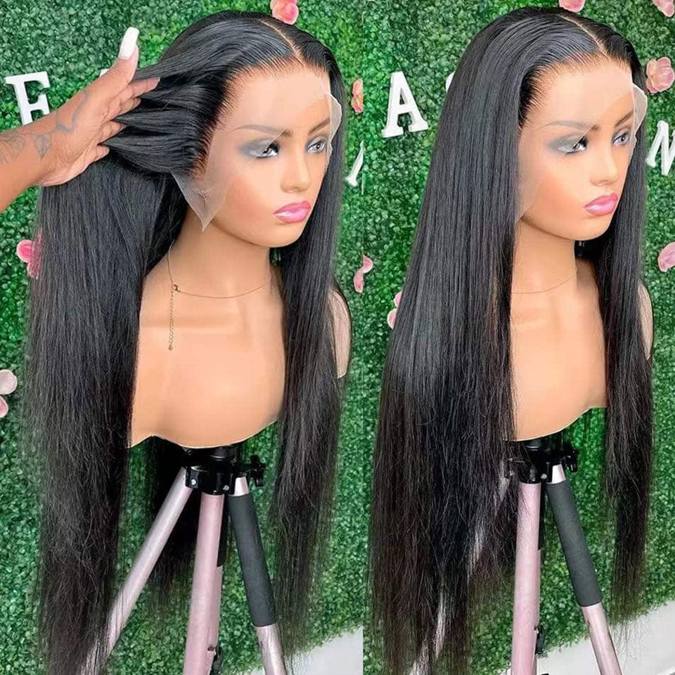 Vente Flash AILUXY 13x4 Lace Frontal Perruque Lisse Longue Noir 200% Densité 100% Cheveux Humains