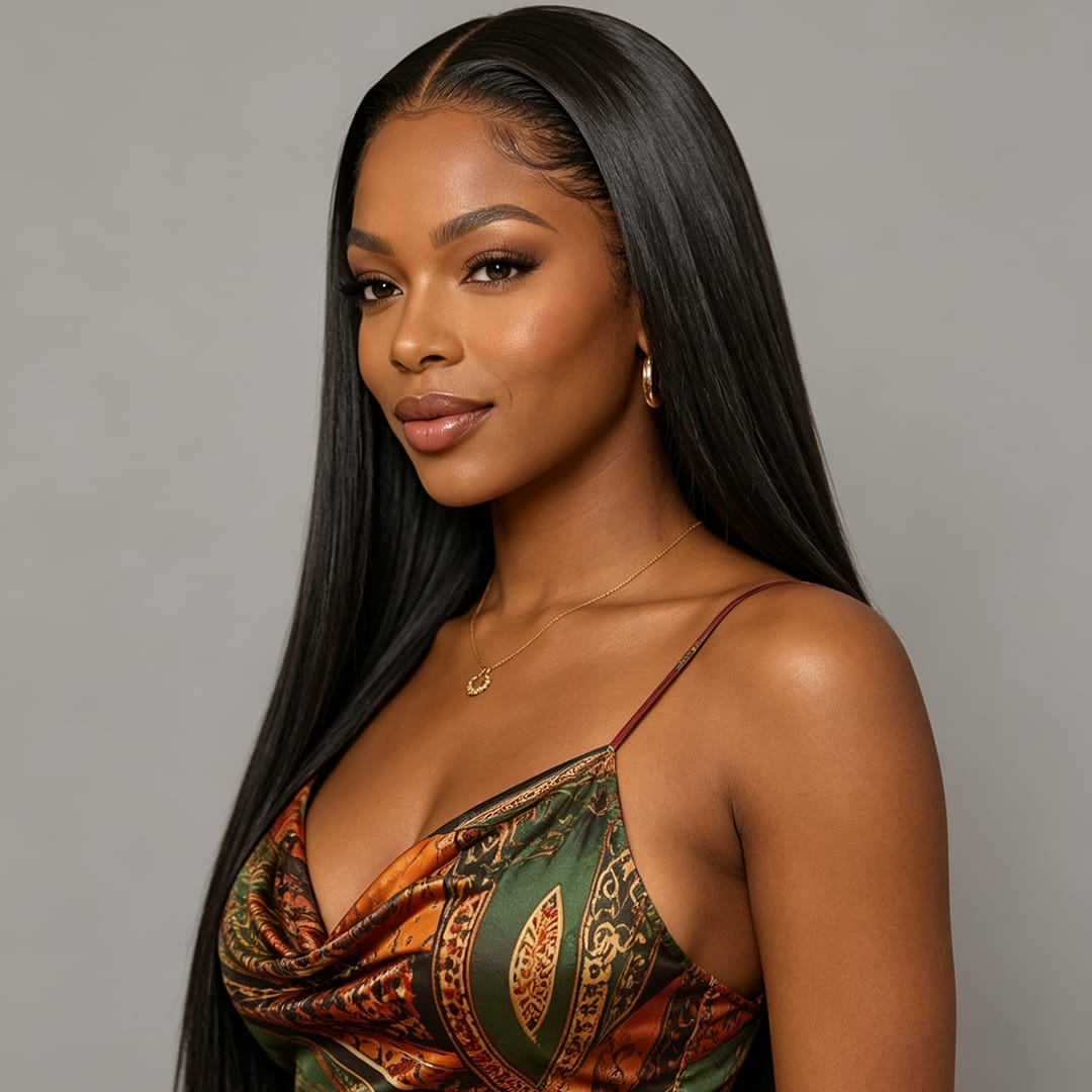 Vente Flash AILUXY 13x4 Lace Frontal Perruque Lisse Longue Noir 200% Densité 100% Cheveux Humains