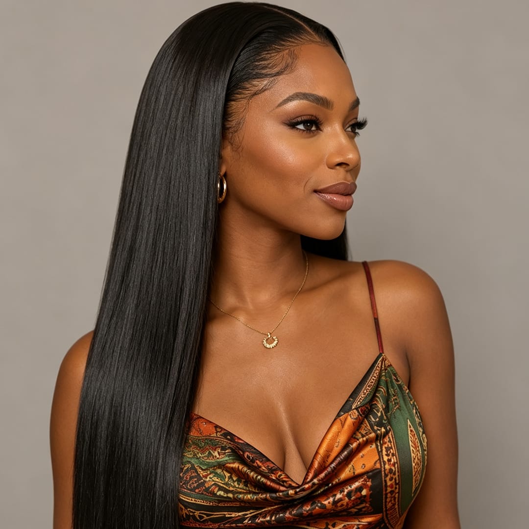 Vente Flash AILUXY 13x4 Lace Frontal Perruque Lisse Longue Noir 200% Densité 100% Cheveux Humains