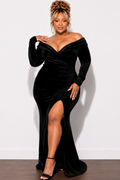 Final Sale Plus Size Glitter Off the Shoulder Velvet Gown with Side Slit in Black