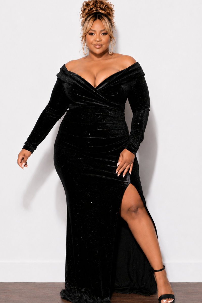 Final Sale Plus Size Glitter Off the Shoulder Velvet Gown with Side Slit in Black