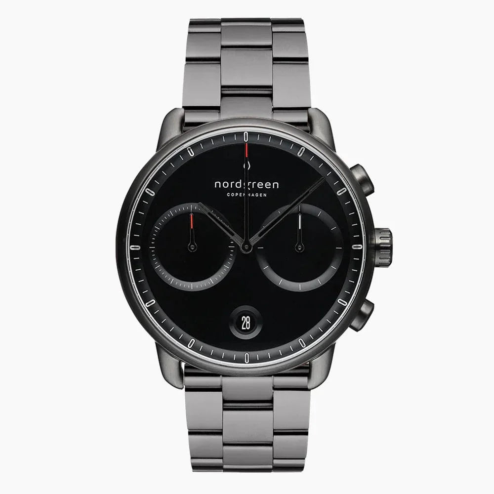 Nordgreen Pioneer 42mm Black Chronograph with Gun Metal Strap Watch