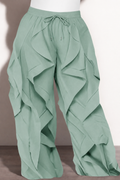 Final Sale Plus Size Wide Leg Drawstring Oversized Windbreaker Wavy Pants in Sage Green