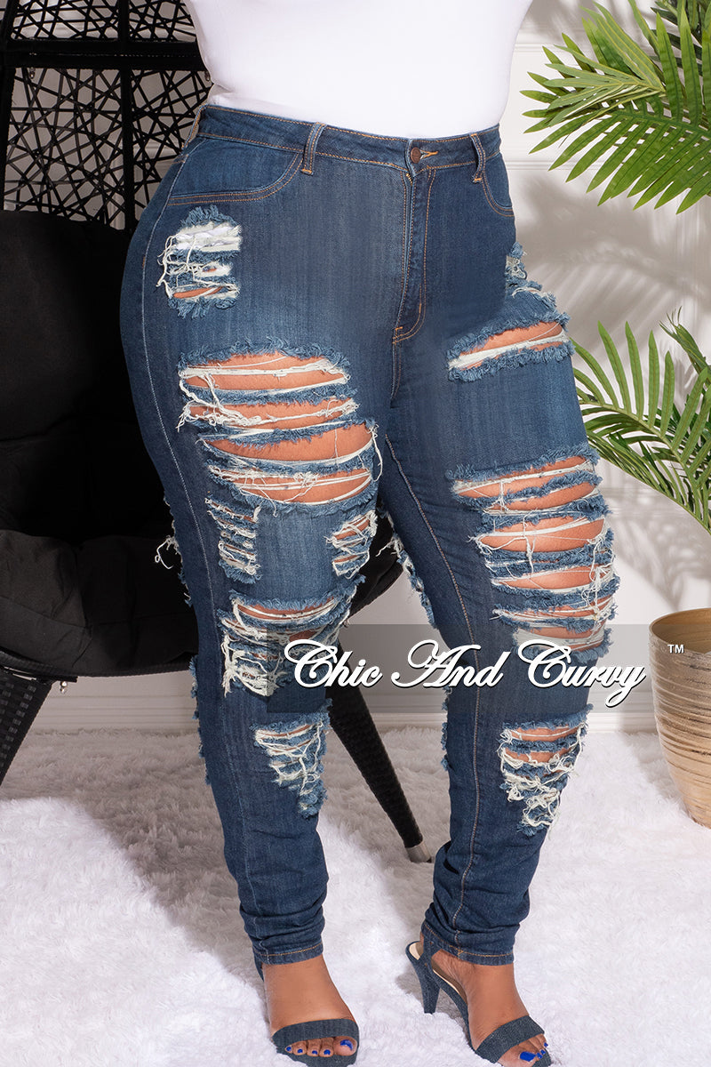 Final Sale Plus Size Distress Jeans in Dark Blue Denim