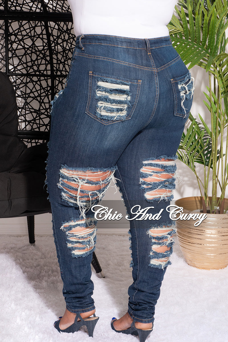 Final Sale Plus Size Distress Jeans in Dark Blue Denim