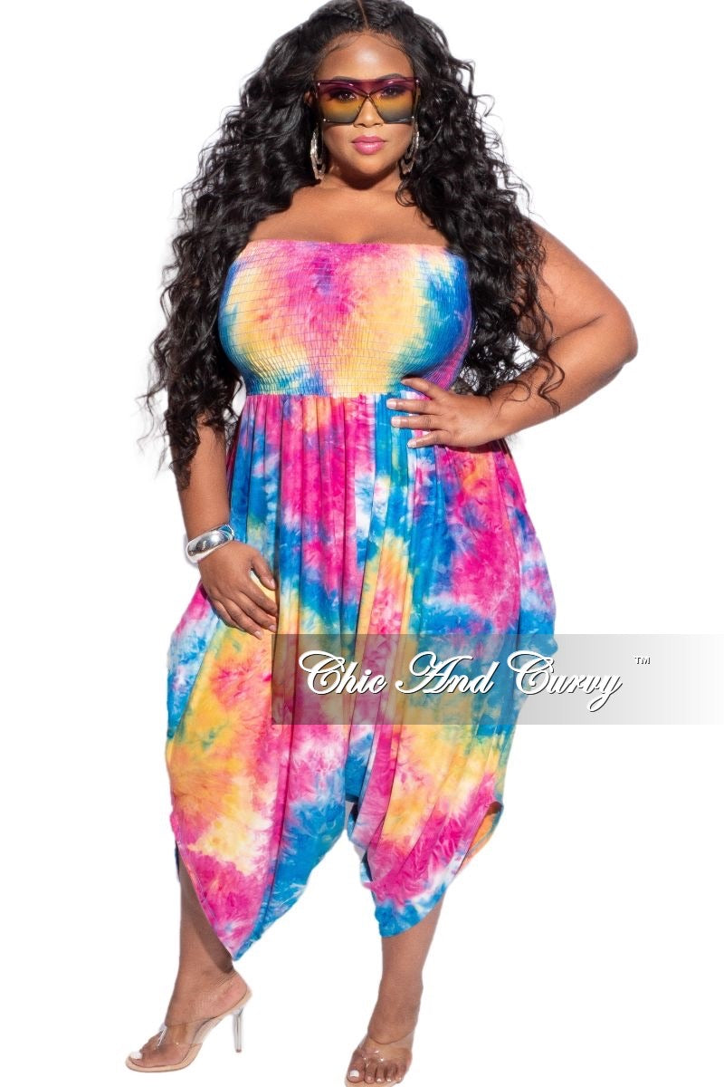 Final Sale Plus Size Strapless Smocked Harem Jumpsuit in Blue, Fuchsia & Yellow Tie Dye