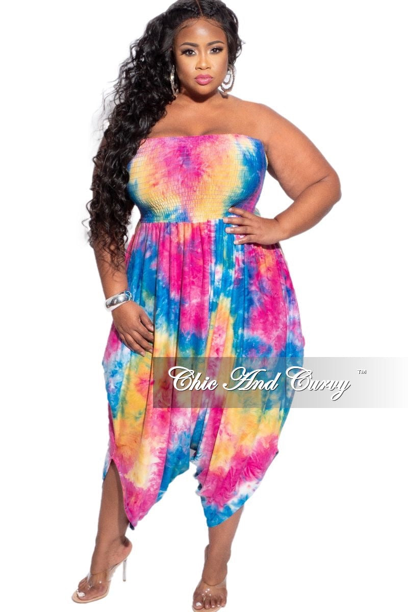 Final Sale Plus Size Strapless Smocked Harem Jumpsuit in Blue, Fuchsia & Yellow Tie Dye