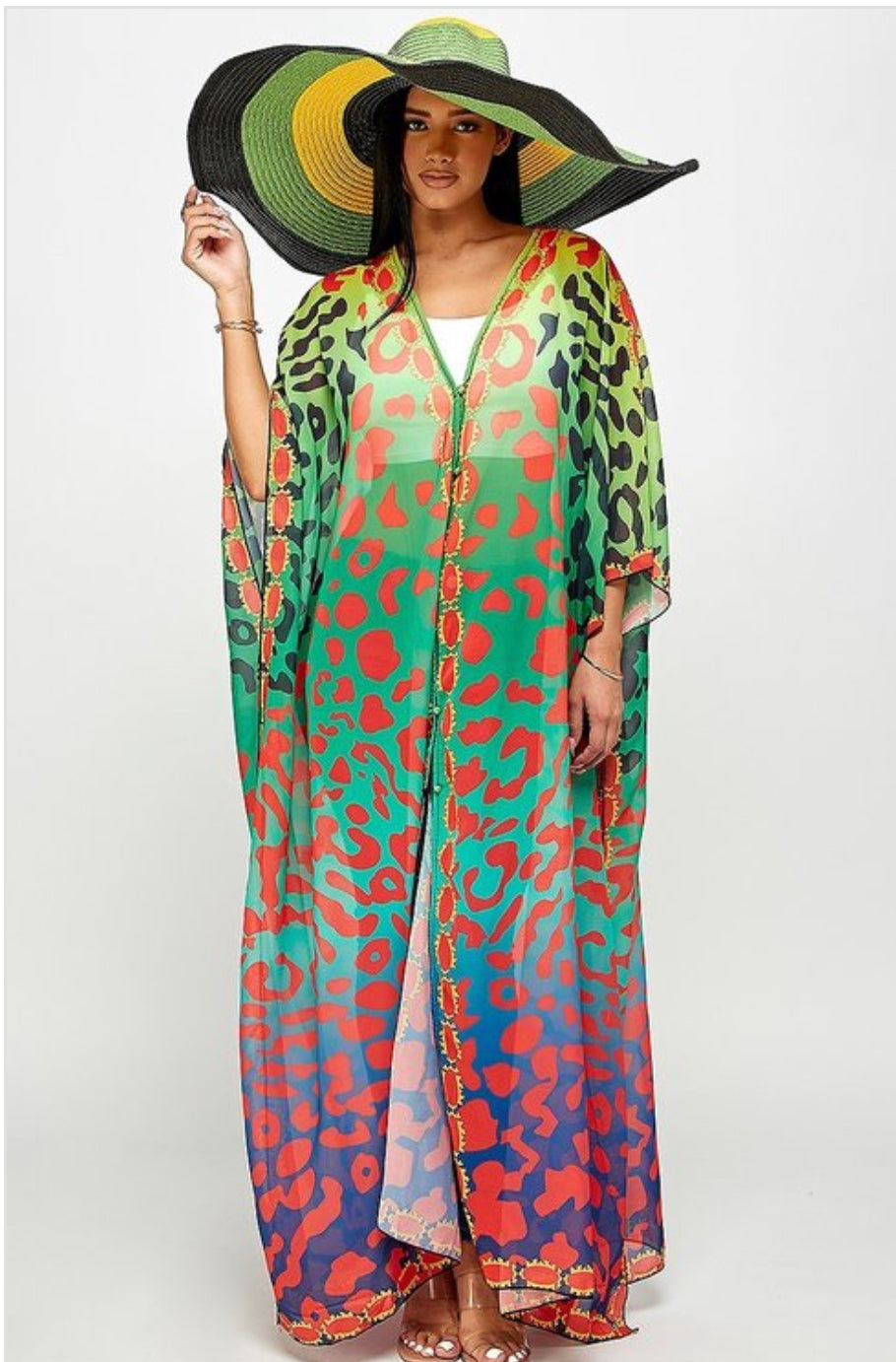 Final Sale Plus Size Caftan in Multi Color Spotted Print - Blue Version