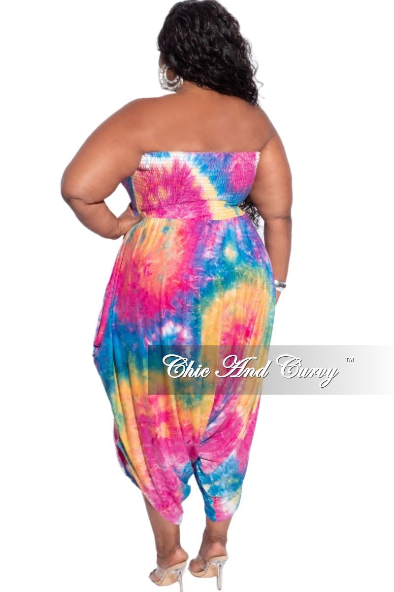 Final Sale Plus Size Strapless Smocked Harem Jumpsuit in Blue, Fuchsia & Yellow Tie Dye