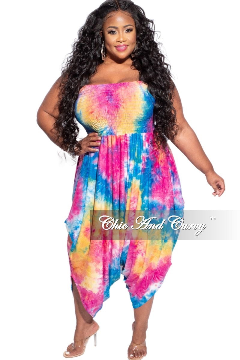 Final Sale Plus Size Strapless Smocked Harem Jumpsuit in Blue, Fuchsia & Yellow Tie Dye