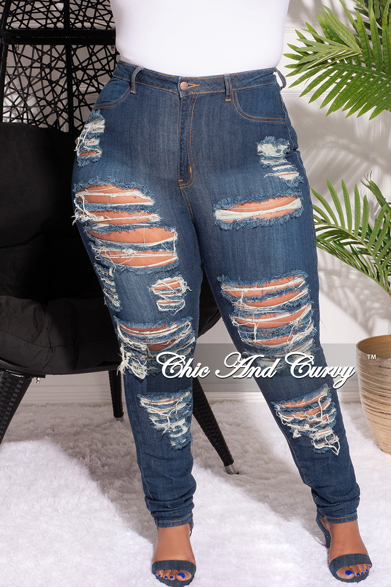 Final Sale Plus Size Distress Jeans in Dark Blue Denim