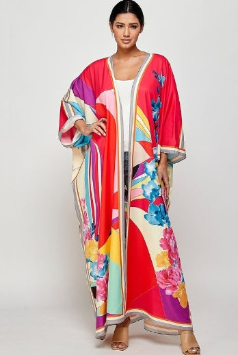 Final Sale Plus Size Caftan in Red Fuchsia Pink Multi Color Floral Print