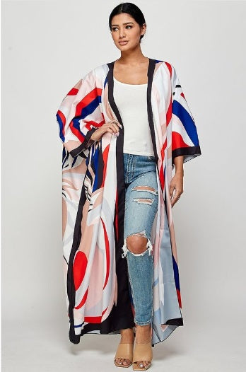 Final Sale Plus Size Caftan in White Blue and Orange Swirl Print