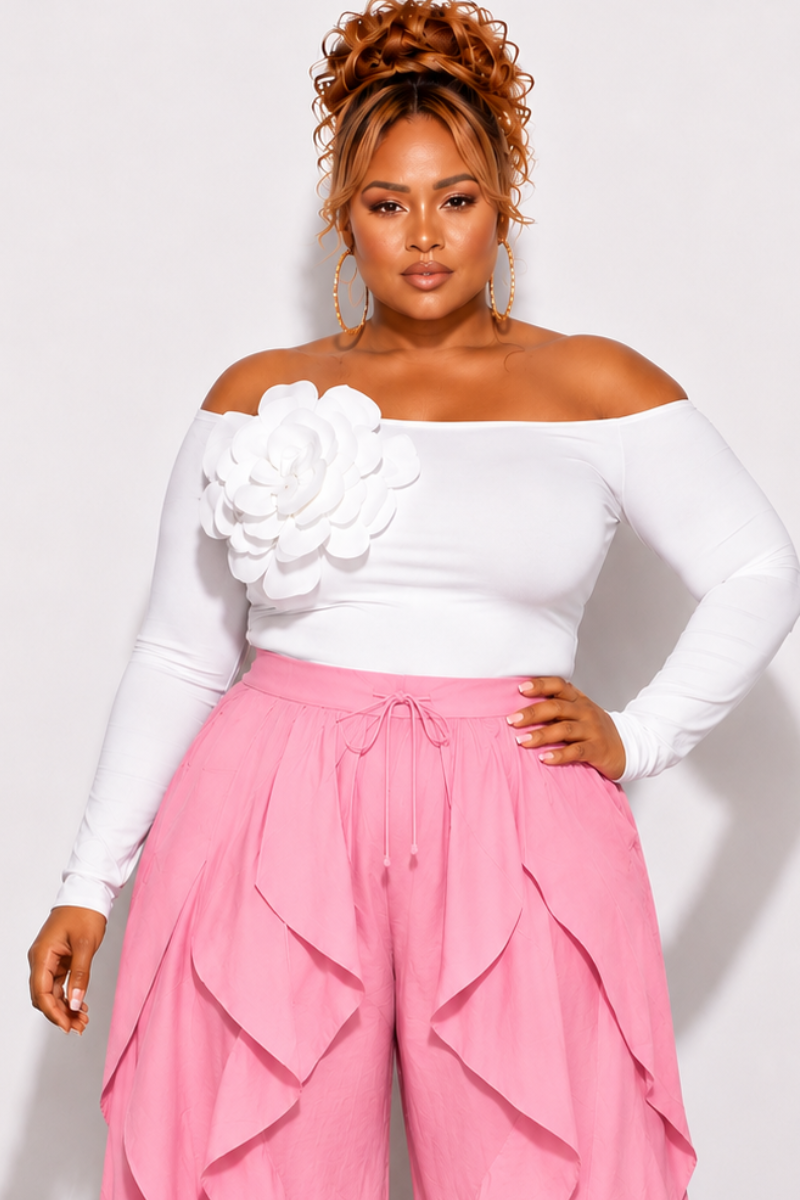 Final Sale Plus Size Flower One Shoulder Top in Ivory Off White