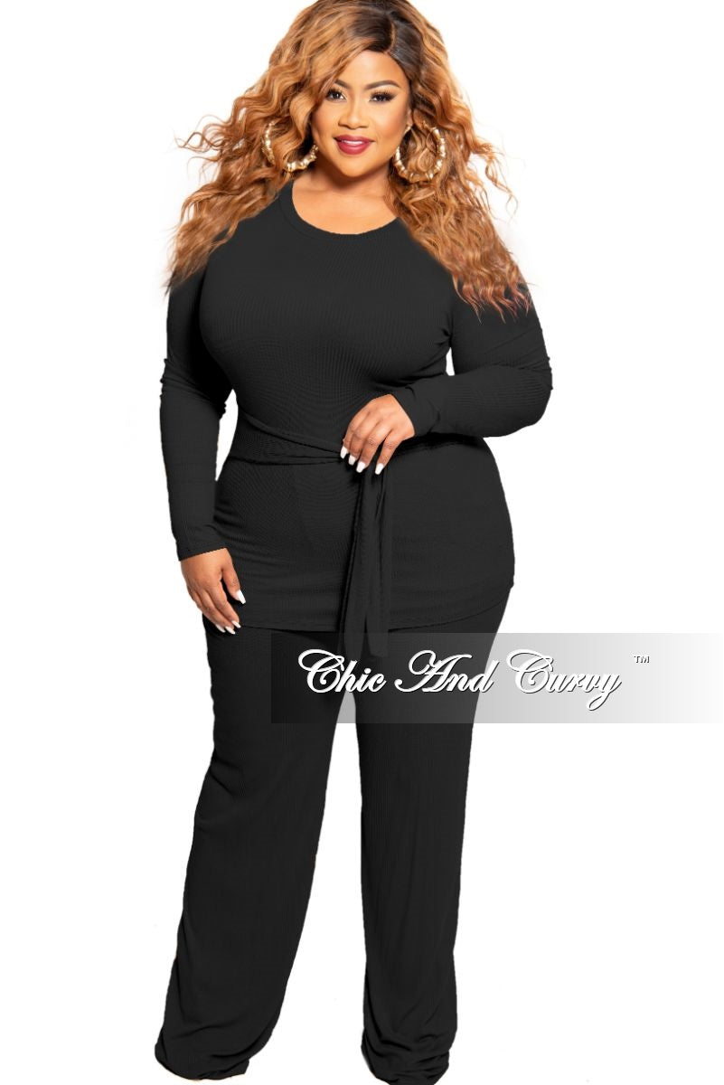 New Plus Size 2-Piece Long Sleeve Tie Top and Pants Set in Black