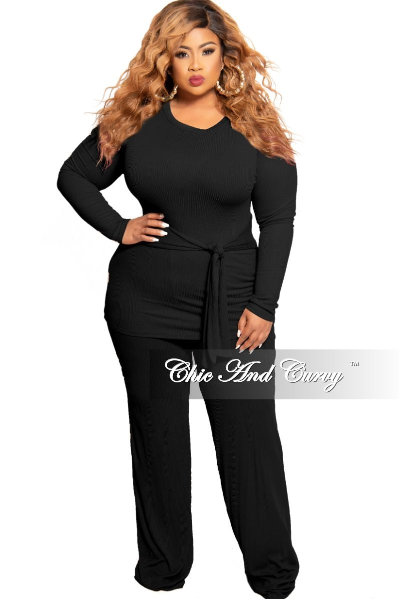 New Plus Size 2-Piece Long Sleeve Tie Top and Pants Set in Black