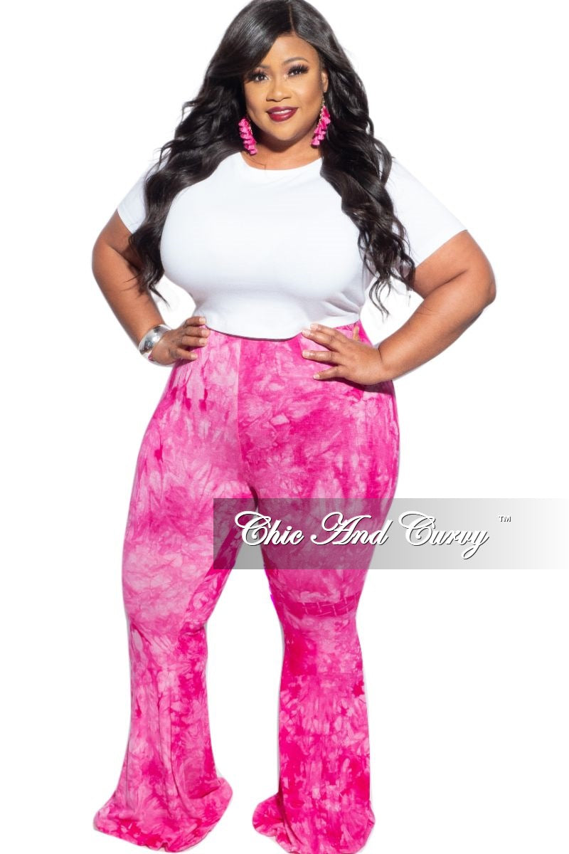 Final Sale Plus Size Bell Bottom Pants Fuchsia & White Tie Dye Print