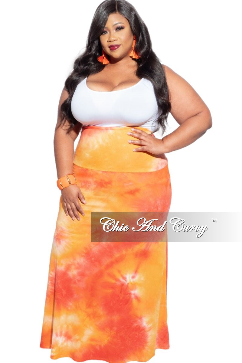 New Plus Size Maxi Skirt in Orange & Yellow Tie Dye Print