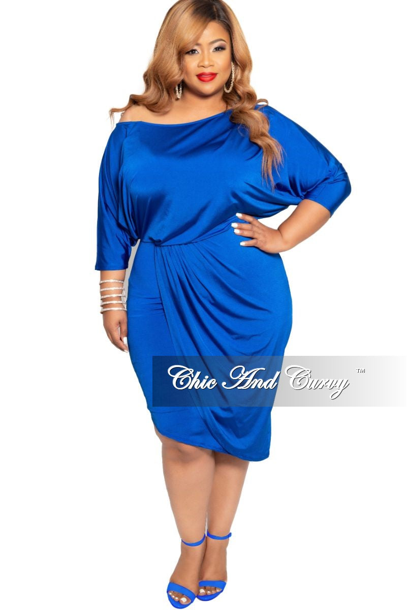 Final Sale Plus Size BodyCon Dress with 3/4 Sleeves and Front Overlay in Royal Blue