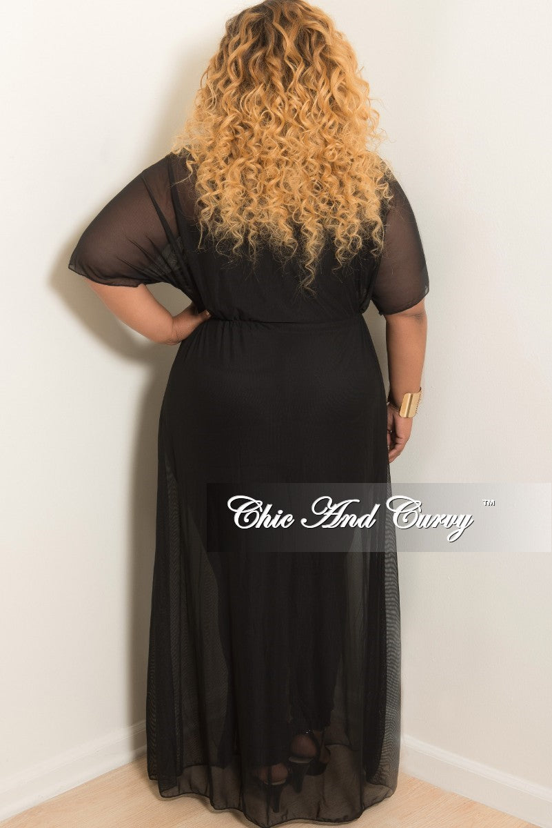 Final Sale Plus Size Long Sheer Cover Up with Tie in Black