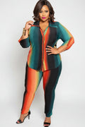 Final Sale Plus Size 2-Piece Button Up Collar Top and Pants Set in Orange Mustard and Teal Ombré