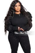 Final Sale Plus Size Long Sleeve Ribbed Top with Puffy Sleeves in Black