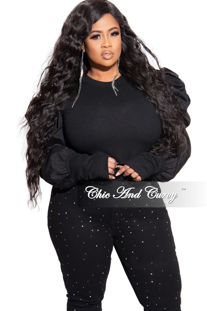 Final Sale Plus Size Long Sleeve Ribbed Top with Puffy Sleeves in Black