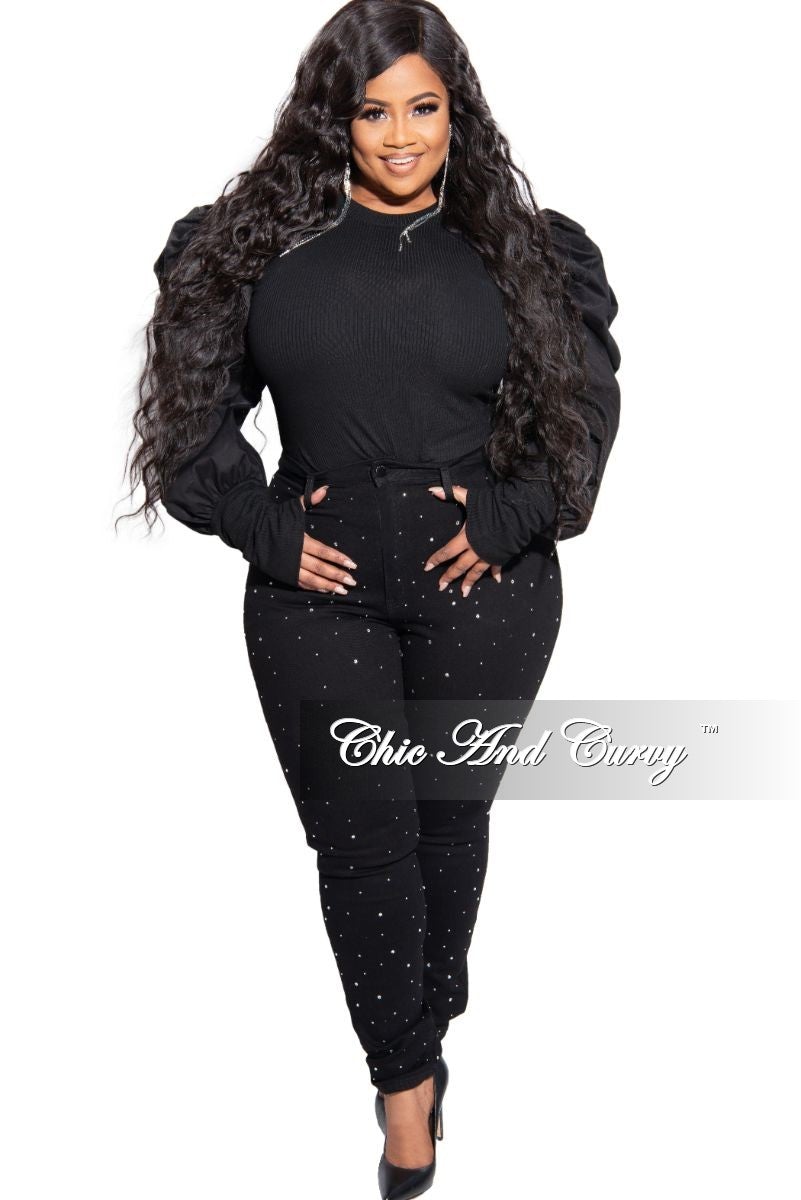 Final Sale Plus Size Long Sleeve Ribbed Top with Puffy Sleeves in Black