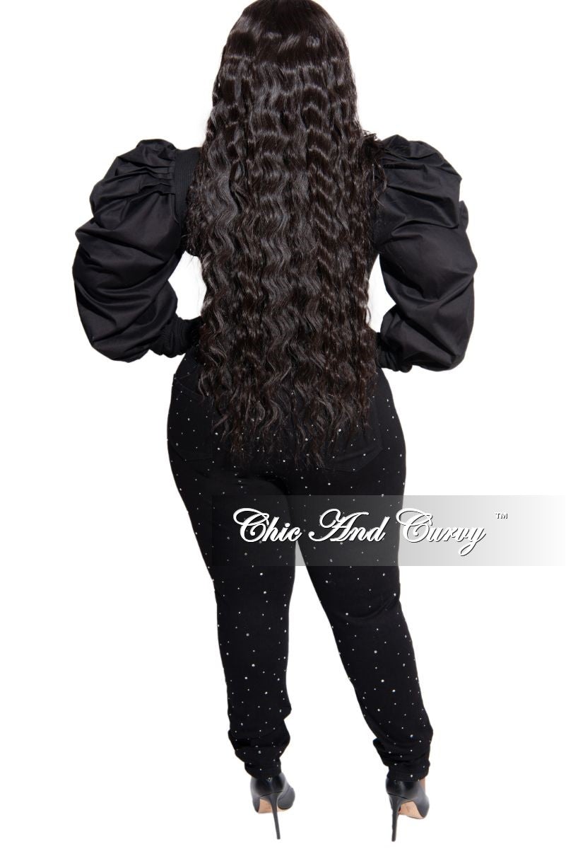 Final Sale Plus Size Long Sleeve Ribbed Top with Puffy Sleeves in Black